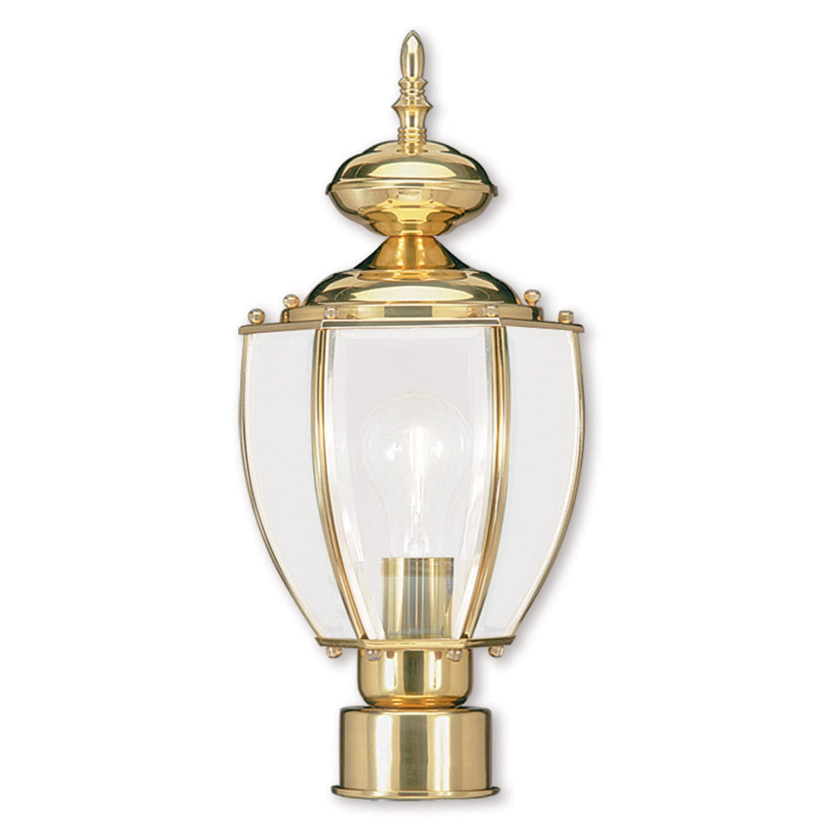 1 Light Polished Brass Outdoor Post Lantern Pendant Lighting Fixture with Clear Beveled Glass Shade backed with Solid Brass material for patio, front porch, entryway and more