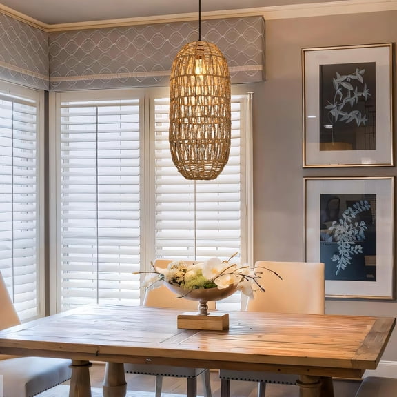 1 Light Seagrass Woven Light Fixture for Kitchen, Farmhouse Rustic Shade Handmade Ceiling Hanging Lamp Pendant Lighting for Dining, 9.84''W Brown Oval Wicker Chandelier for Restaurants Shops