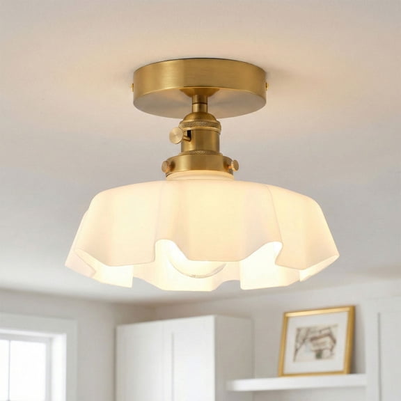 1-Light Semi Flush Mount Ceiling Light, Modern Brass Close to Ceiling Light with Ruffled White Glass Shade, for Kitchen, Bedroom, Hallway (9.65 inch)