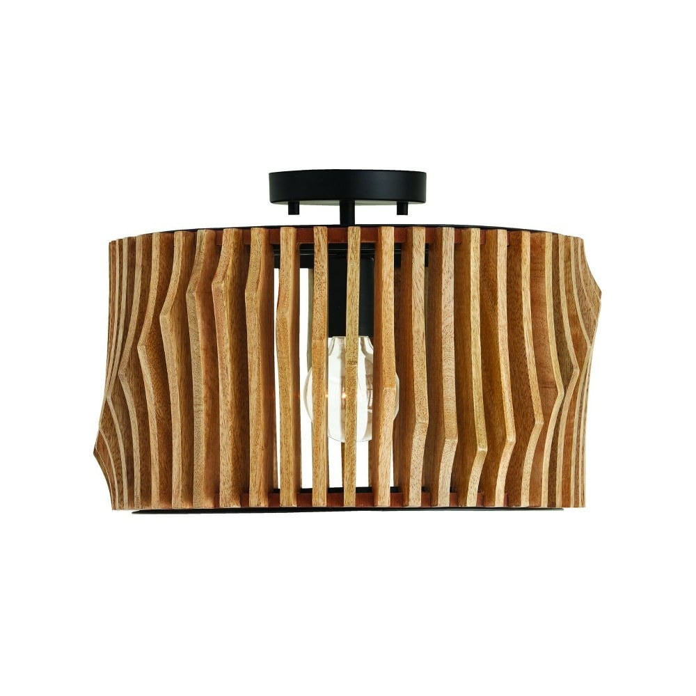 Archer Artisan-Crafted Mango Wood & Matte Black 16" Drum Pendant Light