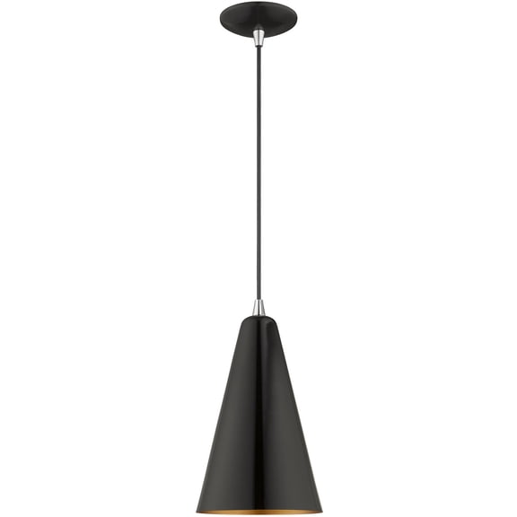 1 Light Shiny Black Mini Pendant with Shiny Black Metal Shade with Gold Finish Inside Shade