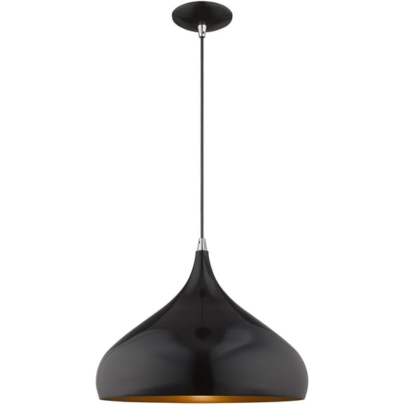 1 Light Shiny Black Mini Pendant with Shiny Black Metal Shade with Gold Finish Inside Shade