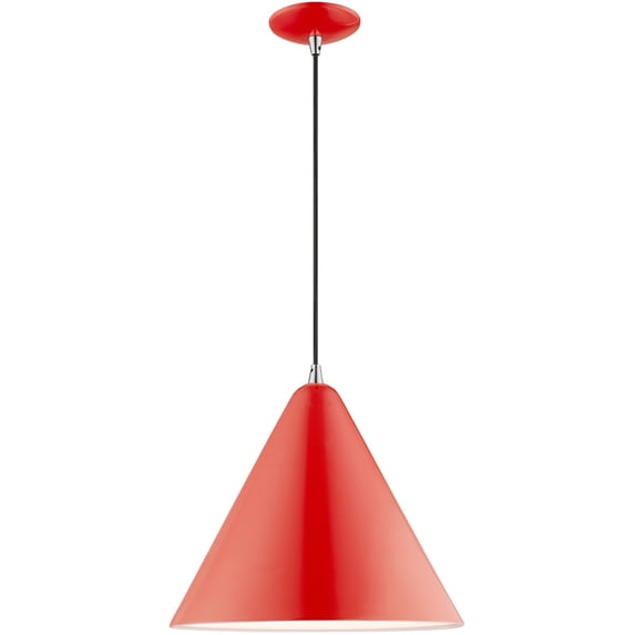 1 Light Shiny Red Mini Pendant with Shiny Red Metal Shade with Shiny White Finish Inside Shade