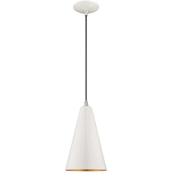 1 Light Shiny White Mini Pendant with Shiny White Metal Shade with Gold Finish Inside Shade