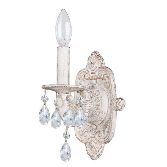 1 Light Steel Crystal Accent Candle Wall Sconce-9.5 inches H By 6.25 inches W-Antique White Finish-Hand Cut Crystal Type-Clear Crystal Color Bailey