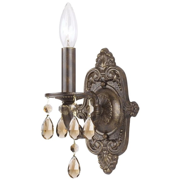1 Light Steel Crystal Accent Candle Wall Sconce-9.5 inches H By 6.25 inches W-Venetian Bronze Finish-Hand Cut Crystal Type-Golden Teak Crystal Color