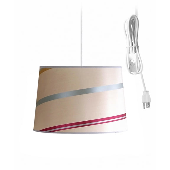 1 Light Swag Plug-In Pendant 14"w Juliette Striped Raw Silk Drum Shade, 17' White Cord