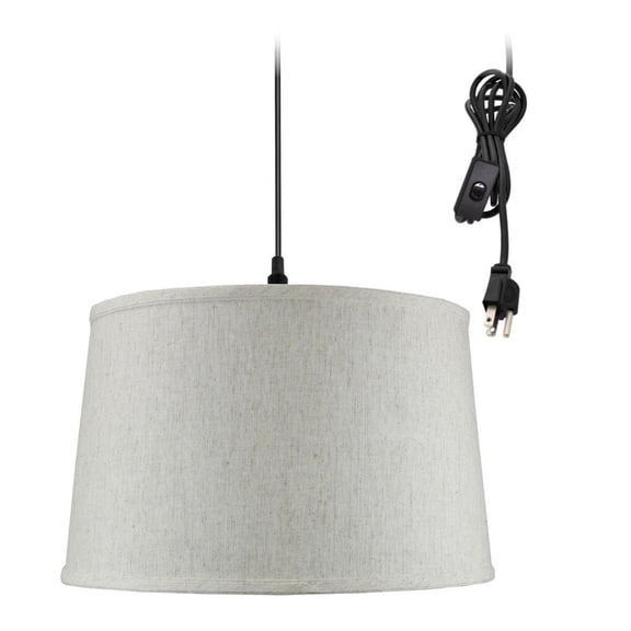 1 Light Swag Plug-In Pendant 16"w Shallow Drum Textured Oatmeal Shade, 17' Black Cord