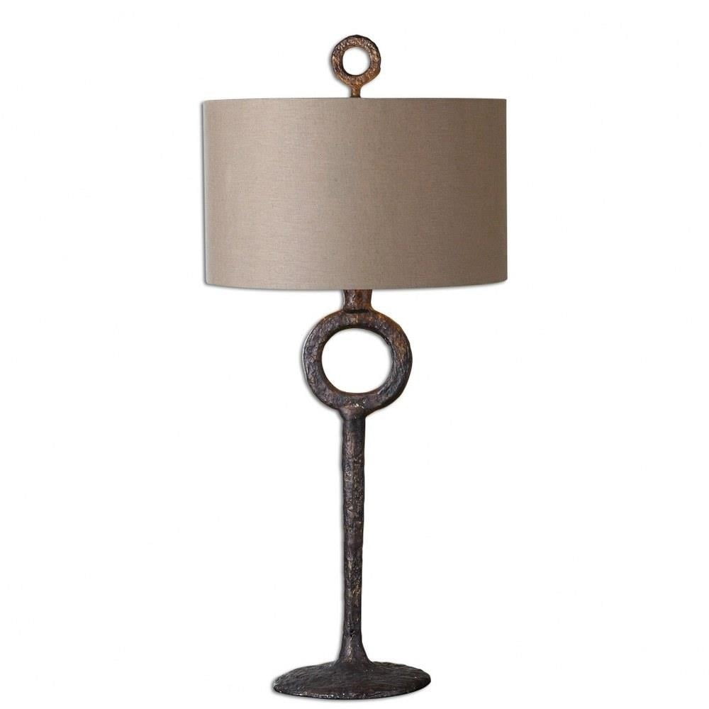 Aged Rust Bronze Cast Iron Table Lamp with Beige Drum Shade