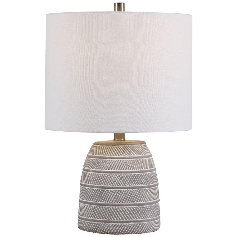 White and Gray Concrete Table Lamp with Etched Design