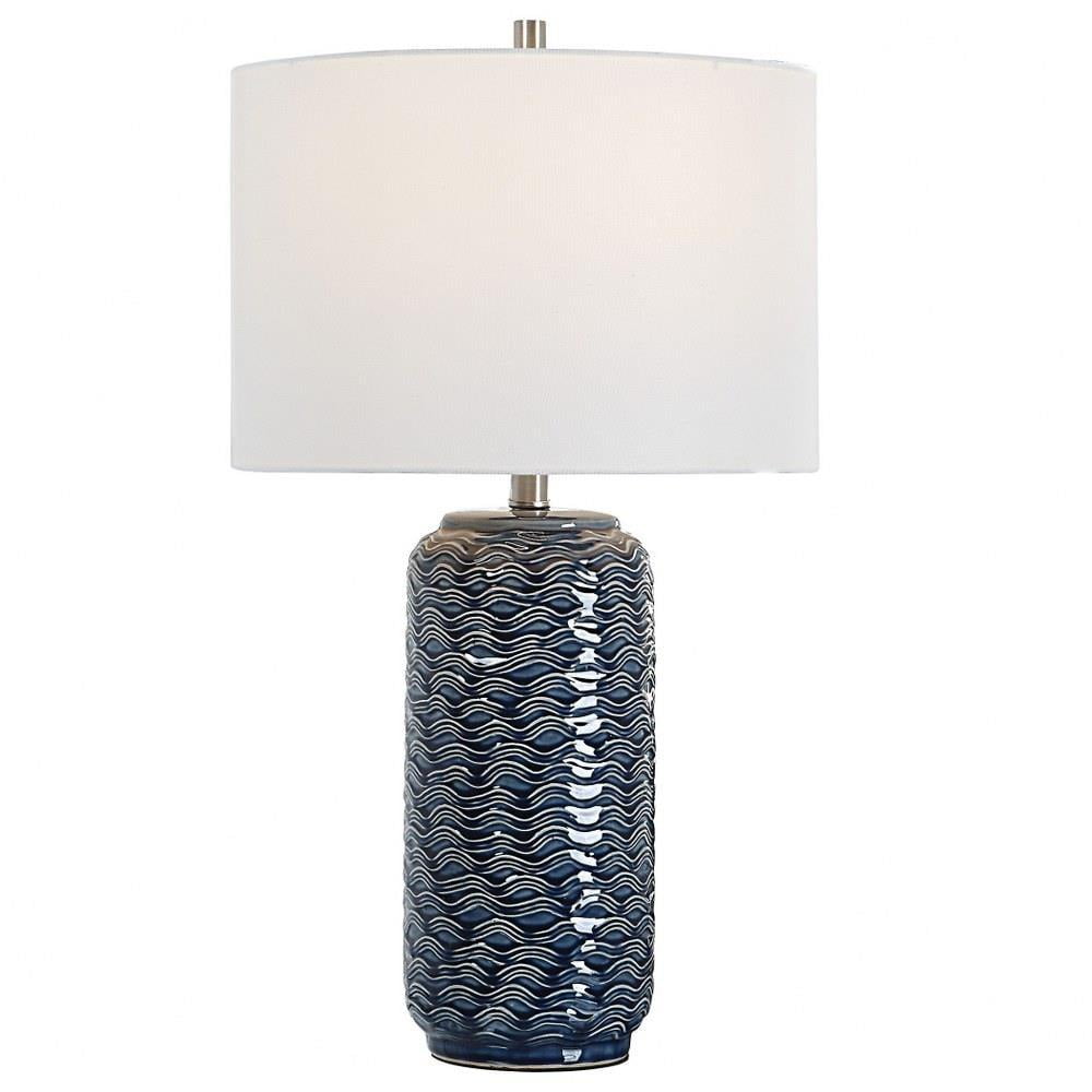 Blue Ceramic Table Lamp with Brushed Nickel Accents and White Linen Shade
