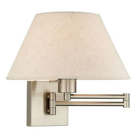 1 Light Traditional Steel Swing Arm Wall Sconce with Oatmeal Fabric Shade-12 inches H By 13 inches W-Brushed Nickel Finish Bailey Street Home