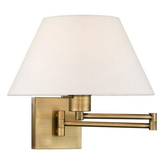 1 Light Traditional Steel Swing Arm Wall Sconce with Off-White Fabric Shade-12 inches H By 13 inches W-Antique Brass Finish Bailey Street Home