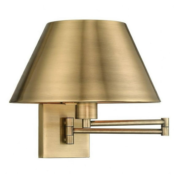 1 Light Traditional Steel Swing Arm Wall Sconce with Satin Brass Metal Shade-12 inches H By 13 inches W-Antique Brass Finish Bailey Street Home