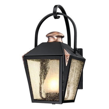 Westinghouse 6312300 Valley Forge One-Light Outdoor Wall Lantern, Matte Black Finish with Copper Accents and Frosted Chimney in Clear Seeded Glass