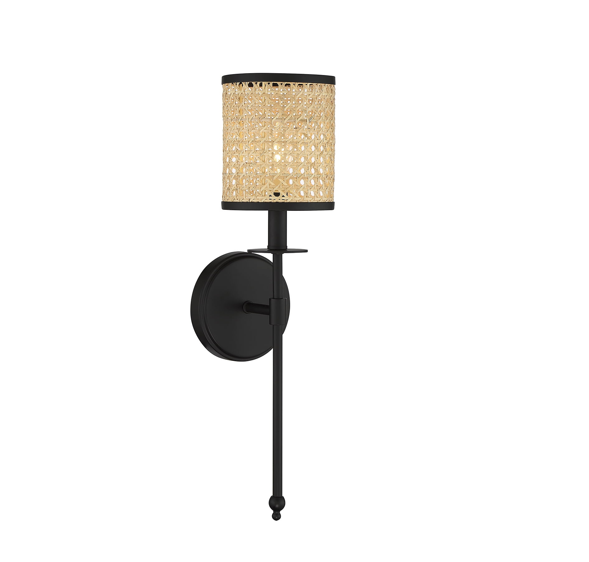 Matte Black Bohemian Cylinder Wall Sconce with Woven Cane Shade