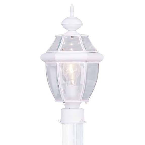 1 Light White Outdoor Post Lantern Pendant Lighting Fixture with Clear Beveled Glass Shade backed with Hand Crafted Solid Brass material for patio, front porch, entryway and more