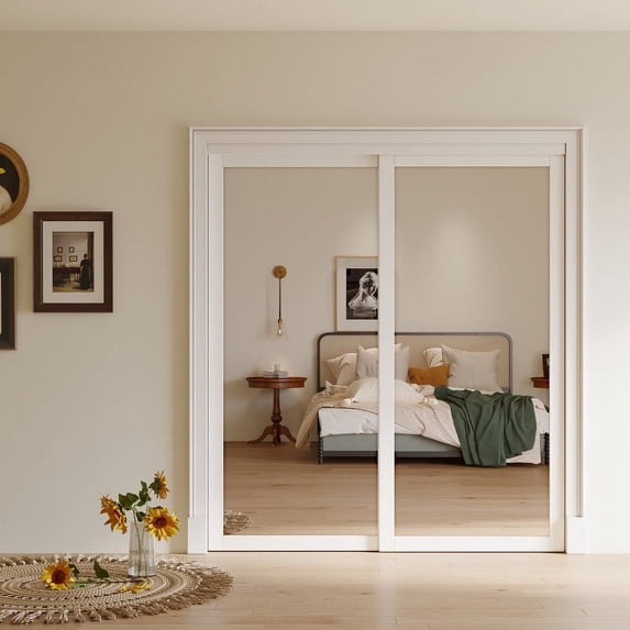 1-Lite Mirror Bypass Sliding Closet Door with Hardware Kit, Solid Core MDF Wood & PVC Covered, Finished, White