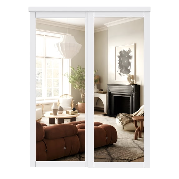 1-Lite Mirror Bypass Sliding Closet Door with Hardware Kit, Solid Core MDF Wood & Primed, White