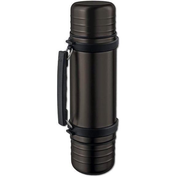 1 Liter Isosteel DUO Vacuum Flask, Plastic Screw Stopper, Quickstop System for one Hand Use, 2 Insulating Plastic Drinking Mugs, Titanium Finish Grey