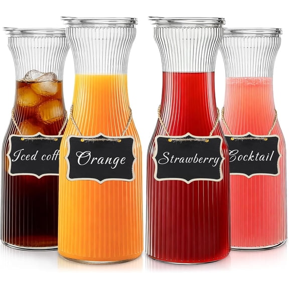 1 Liter Ribbed Glass Carafe with Lid, Set of 4- Juice Carafe for Mimosa Bar, Brunch,Parties, Beverage Serveware,Cold Brew Coffee, Milk, Iced Tea, Lemonade -Includes 4 Wooden Chalkboards