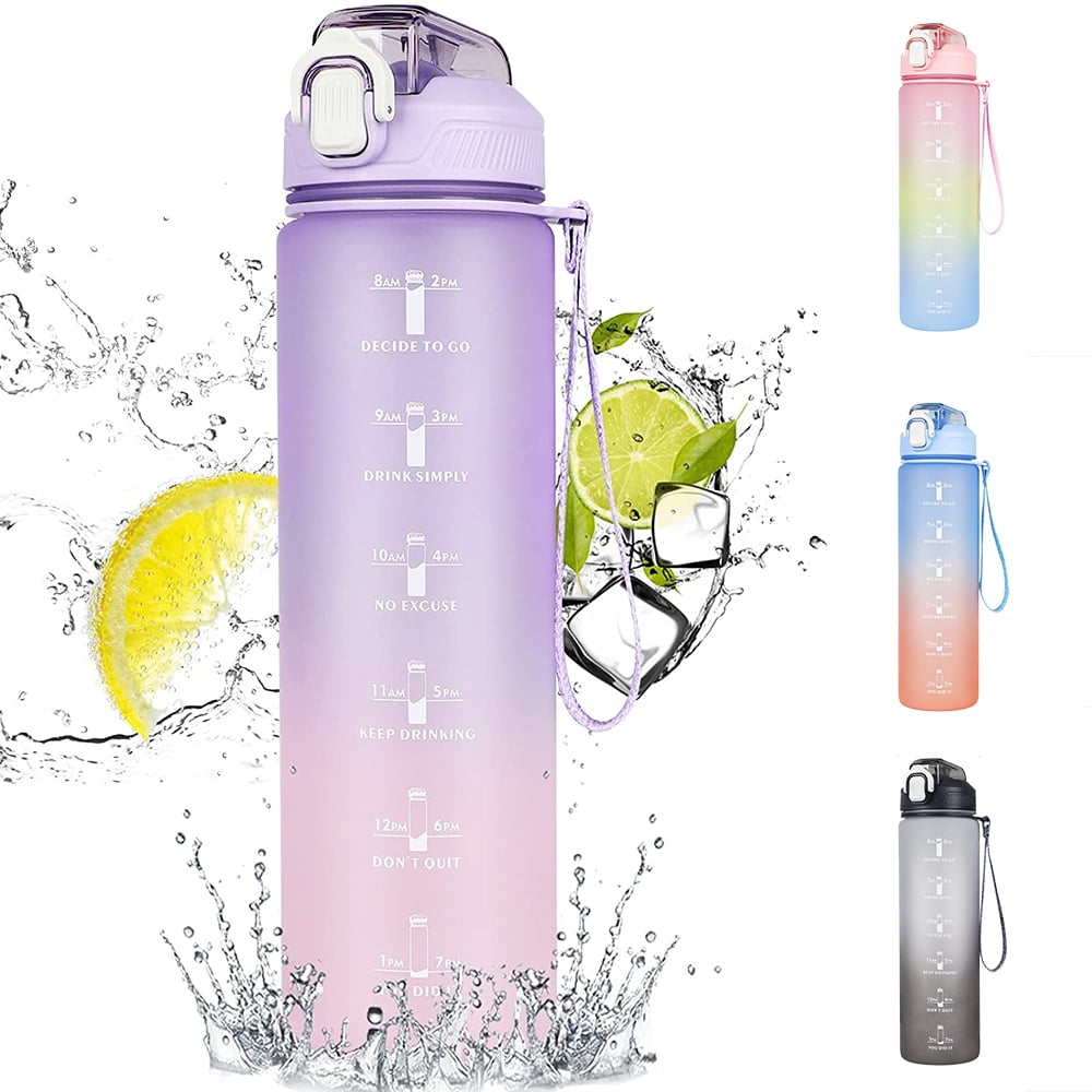 Carevas 1L Water Jug Kids Water Bottle with Time Marker, BPA Free Leak Proof Motivational Large Water Bottle, Reusable Drinking Kettle for Mens Womens
