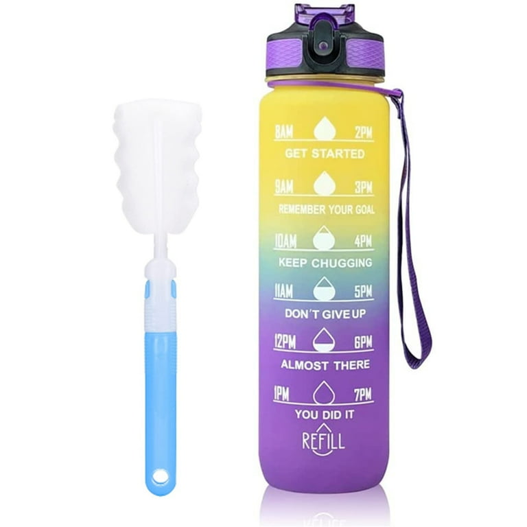 Sports Water Bottle with Straw, 1 Litre Motivational Leakproof Water Bottle with Time Markings, Cleaning Brush, BPA Free Drink Bottles for Cycling