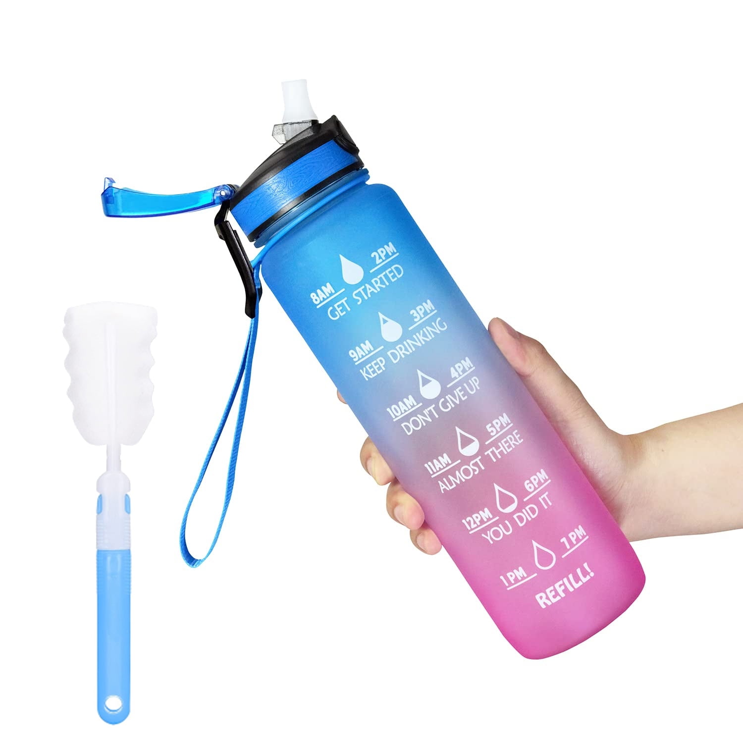 1L Water Bottle with Straw & Time Markings, Sports Water Bottle Leakproof  BPA Train Drinking Bottle for Gym Sport Outdoors with Cleaning Brush 