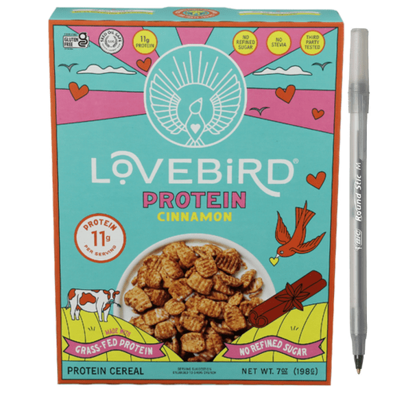 1+ Lovebird Foods Protein Cereal, Cinnamon with pen