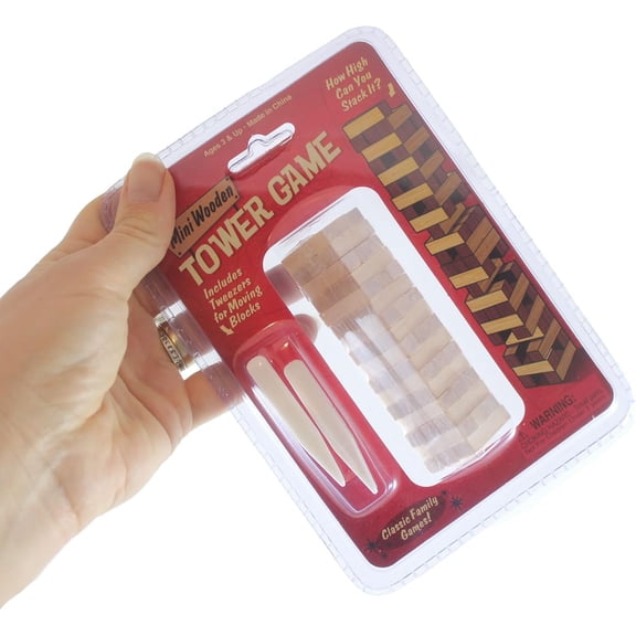 1 MINI TINY Wood Topple Towers Game - Stacking Blocks Challenge with Tweezers - Desktop Table Novelty Game