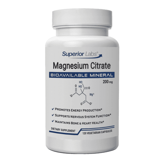 Superior Labs Magnesium Citrate - Elemental Magnesium, Vegetable Capsules, 200 mg, Gluten-Free, 120 Count
