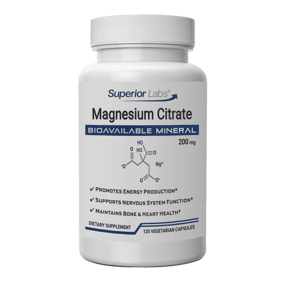 Superior Labs Magnesium Citrate - Elemental Magnesium, Vegetable Capsules, 200 mg, Gluten-Free, 120 Count