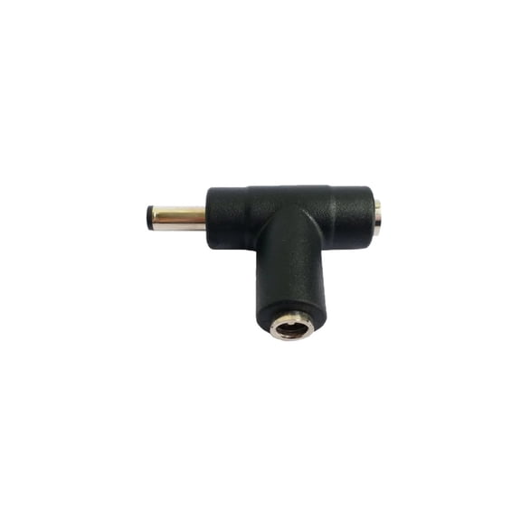 1 Male Input Feeds 2 Female Outputs Connector Direct Current Power Splitter, Letting 2 Devices Share Supply Through Black T-Shaped Plastic and Metal Body