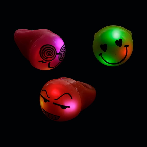 1" Mini Light-Up Pink, Orange or Yellow Plastic Rings with Silly Faces - 12 Pieces