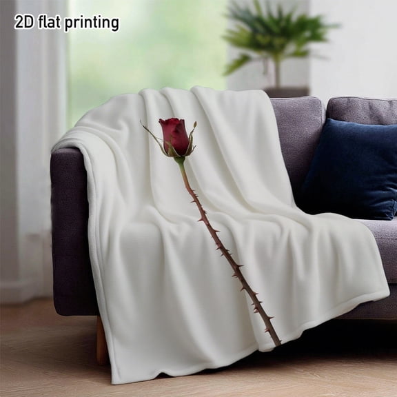 1 Minimalist red rose bud cover blanket - soft and comfortable flannel bedspread, suitable for sofas, beds, and terraces - Elegant rose stem design bed cover, 2D flat style