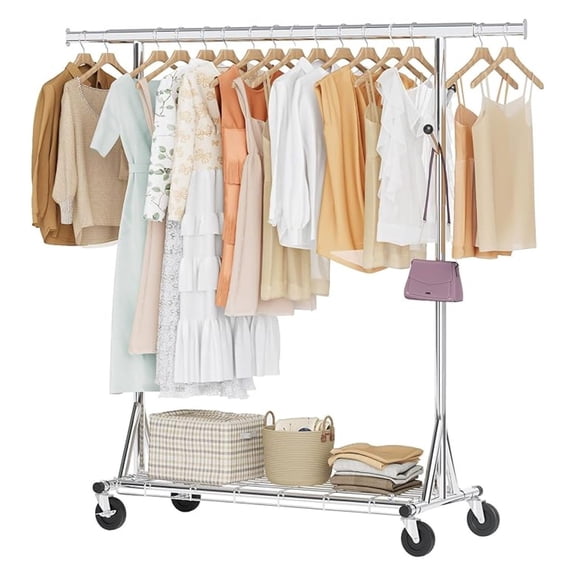 1-Minute Assembly Clothes Rack, 480 lbs Heavy Duty Rolling Clothing Racks with Wheels, Foldable Garment Rack, Extendable Hanging Bar, Adjustable Metal Pole with ,