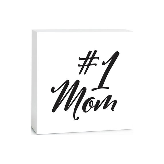 #1 Mom Black Script 5 x 5 Wood Tabletop Sign Plaque