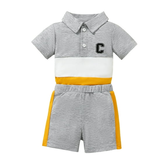 1 Months Baby Boys Outfits 3 Months Boys 2PCS Summer Short Sets Newborn Boys Short Sleeve Lapel Romper Top Shorts Set Gray
