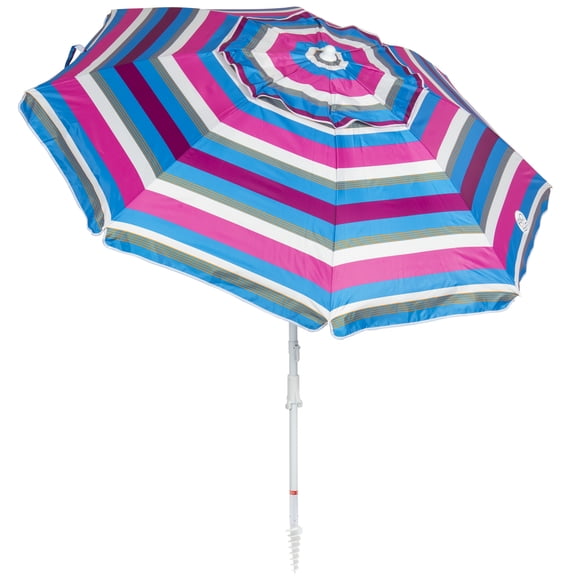 1 New Rio Brands 7' UPF 50+ Beach Umbrella with Integrated Sand Anchor, Multicolor