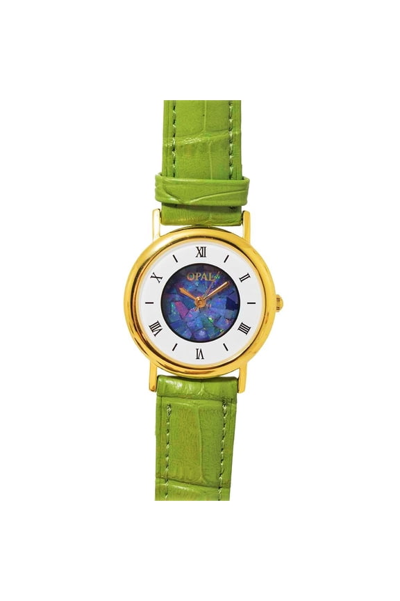 1 OPAL WATCH 18kt GOLD PLATED WITH PASTEL GREEN GENUINE LEATHER BAND (CIRCULAR 2)