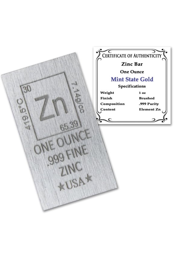 1 OZ Ounce .999 Zinc Flat Bar Element Design with Certificate of Authenticity