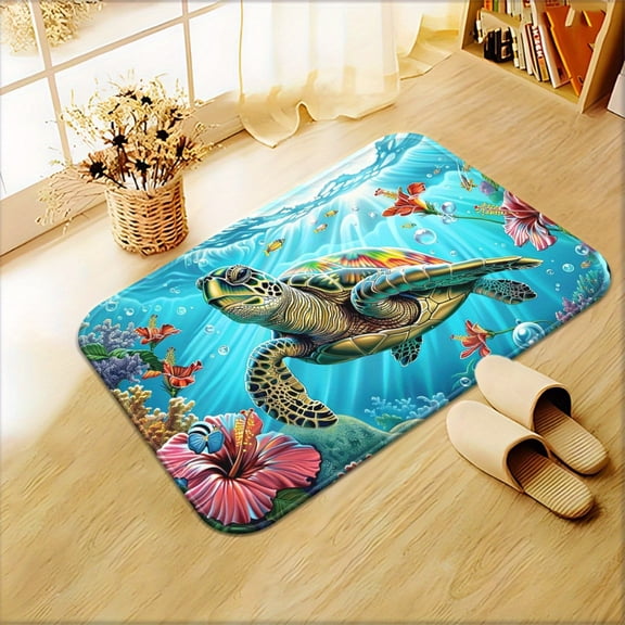 1 Ocean Turtle Doormat - Turquoise Blue Turtle and Coral Reef Non-Slip Mat, Soft Microfiber, Machine Washable, Suitable for Bathrooms, Outdoor Entrances, Rooms, Ocean-Themed Decor