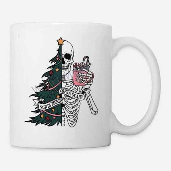 1 One a Little Joyous a Little Scary Skull Ceramic Coffee Cup 11 Oz Funny Halloween Christmas Themed Drinkware TT3