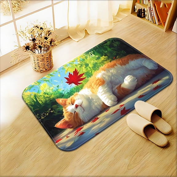 1 Orange and White Cat Mat - Non-slip and absorbent mat with a cute cat lying down pattern. Machine washable and suitable for outdoor porches, kitchens, living rooms, bathrooms, or office decor.
