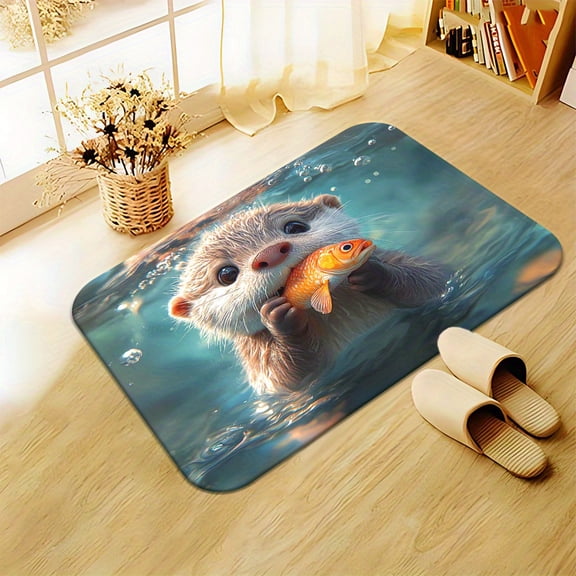 1 Otter and Fish Print Doormat – Rectangular Flannel Rug, Machine Washable, Lightweight Polyester, Suitable for Outdoor Porch, Kitchen, Living Room, Bathroom, or Office Decor.