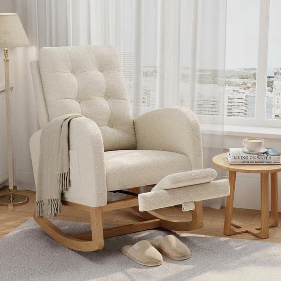 1 Outdoor Rocking Chair Hardwood Frame 300 lbs Capacity Quiet Smooth Glide for Patio Porch Garden Beige