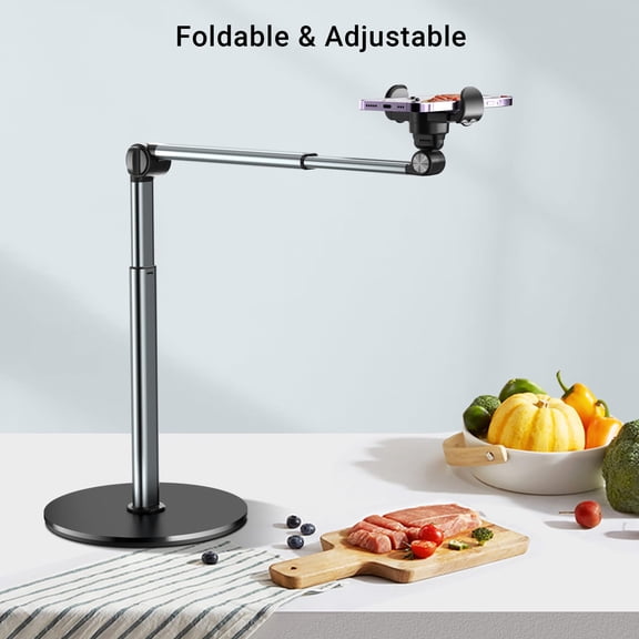 1 Overhead Phone Mount Stand, Aluminum Adjustable Arm Tripod for Video Recording, Desk Camera Stand for Cooking, Filming, Live Streaming