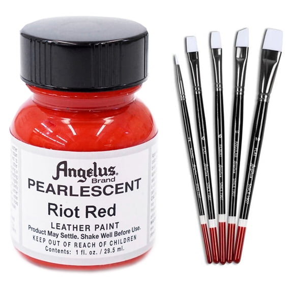 1 Oz Angelus Pearlescent Leather Paint Riot Red W/ 5 Pc Brush Set