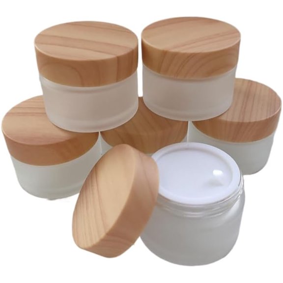 1 Oz Frosted Glass Cosmetic Containers with Wood Grain Lids, 30ml Travel Empty Makeup Jar Pot Box, Refillable Sample Jars for Lotion Face Cream Lip Balm Eyeshadow Storage (30 Grams, 6 Pack)