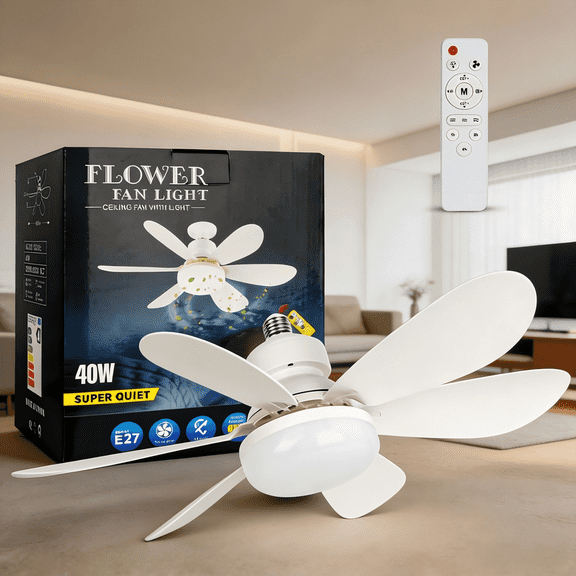 Socket Fan Light with Remote Control,Low Profile Modern Ceiling Fans with 6 Reversible Blades,3 Colors Dimmable 6 Speeds Quiet, for Bedroom Kitchen Garage,White